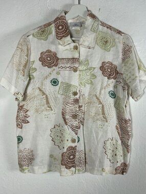 Hot Cotton Women’s Shirt Small Beige Brown Floral Linen Button-Down Short Sleeve